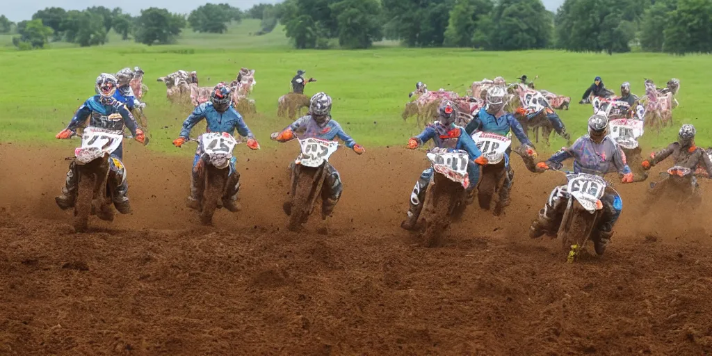 Image similar to a herd of cows, racing on a motocross track