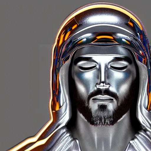 Image similar to chrome jesus, glossy, metallic, neon, symmetrical, tribal patterns, realistic, unreal engine, octane, redshift, artstation, behance