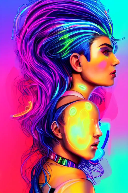 Prompt: a award winning portrait of a beautiful woman with stunning eyes in a one off shoulder croptop and cargo pants with rainbow colored hair, outlined by whirling illuminated neon lines and fine lines swirling in circles by rhads, digital art, trending on artstation