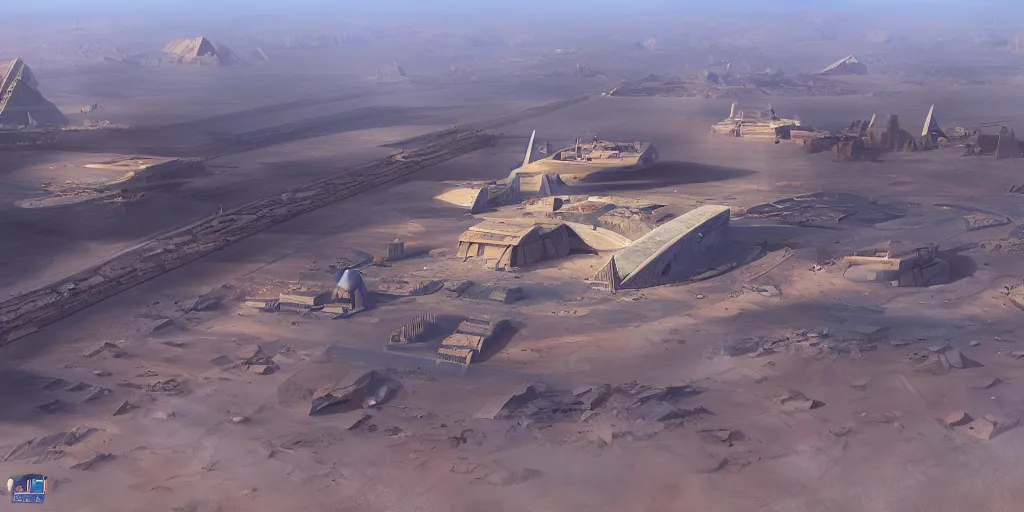 Image similar to a beautiful view of a spaceport at the pyramids, matte painting, cinematic lighting, hyper - detailed, 4 k, scifi