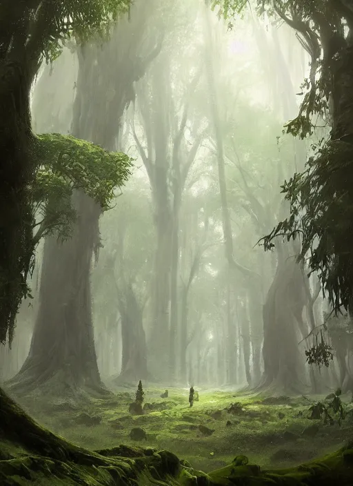 Image similar to A sacred grove, lush trees, a fantasy digital painting by Greg Rutkowski and James Gurney, trending on Artstation, highly detailed