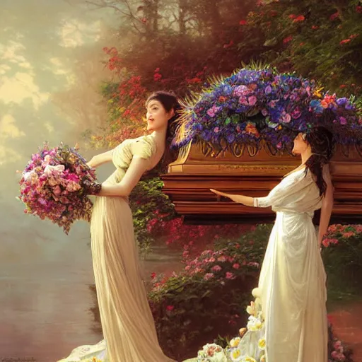 Image similar to an elaborate floating coffin with a mysterious woman sleeping and holding a large bouquet of flowing flowers, hands hidden under the bouquet, side view, fantasy, regal, intricate, by stanley artgerm lau, greg rutkowski, thomas kindkade, alphonse mucha, loish, norman rockwell