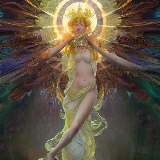 Image similar to goddess angel of tranquility, hyper detailed, character concept, full body, dynamic pose, intricate, lineart, cerpuscular rays, by yoshitaka amano, alfons mucha, 4 k, unreal engine fantasy art, hauntingly beautiful character art, fine details