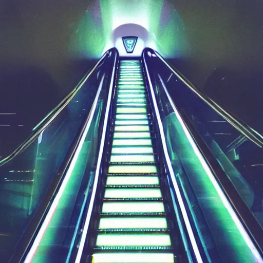 Image similar to a colour Polaroid photo of an illuminated escalator with iridescent Perspex panels in a field, nostalgic