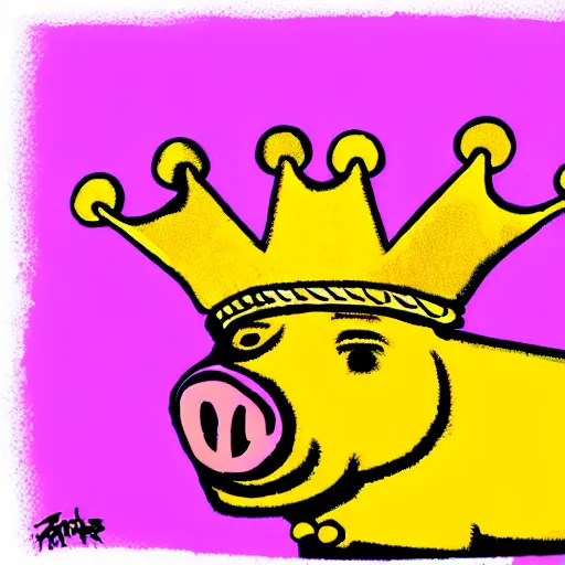 Image similar to standing pig wearing a gold crown on it's head illustration concept art in the style of Arthur Adams, full body 8k