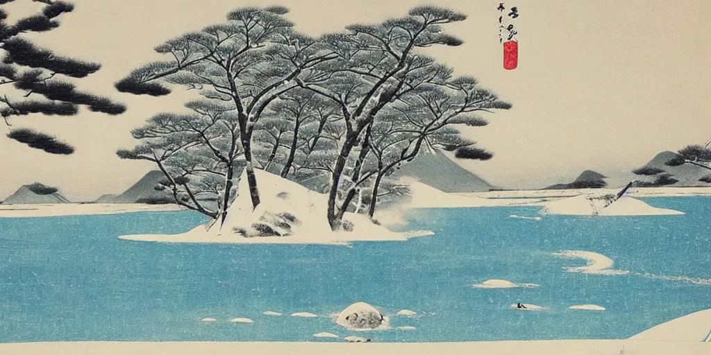 Image similar to 🌨 ❄ 🏝 🏞. shin hanga.