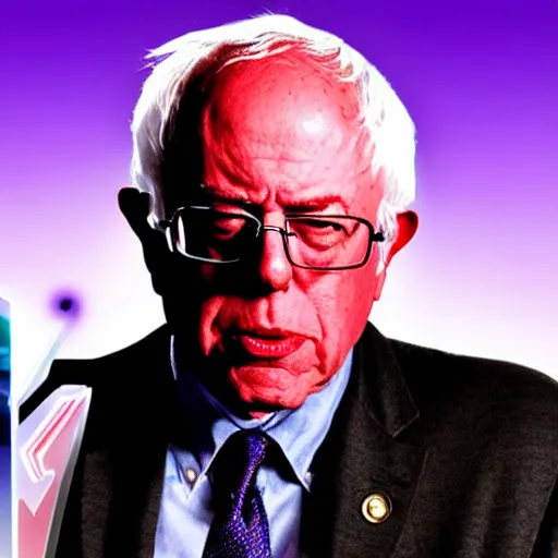 Prompt: bernie sanders with laser beams coming out of his eyes, synthwave