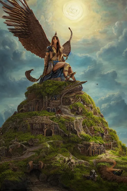 Image similar to A fantasy book style portrait painting of the Great Turtle Island at the center of the Universe, accompanied by a hybrid, Anya_Taylor-Joy, Cory Chase, Eva Green, as a Mystical Valkyrie, Anubis-Reptilian, Atlantean Warrior, François Boucher, Oil Painting, unreal 5, DAZ, hyperrealistic, octane render, Regal, Refined, Detailed Digital Art, RPG portrait, Walt Disney (1937), William-Adolphe Bouguereau, Michael Cheval, Steampunk, Volumetric Golden dappled dynamic lighting, Highly Detailed, Cinematic Lighting, Unreal Engine, 8k, HD