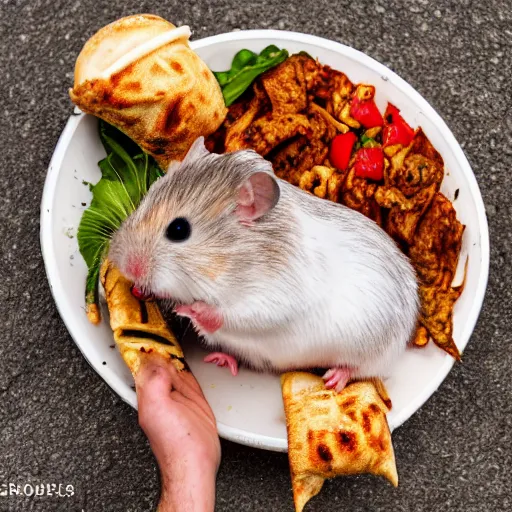 Prompt: detailed photo of a hamster eating a kebab, outdoors, various poses, full body, unedited, daylight, 8 k