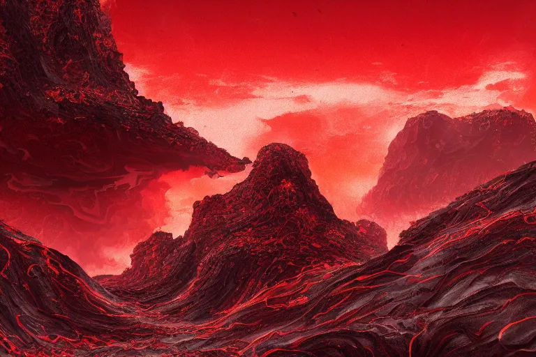 Image similar to red themed mashup lava landscape with movie characters, cinematic, die hard, marvel, disney, indie, highly detailed, featured on artstation, highly detailed, abstract