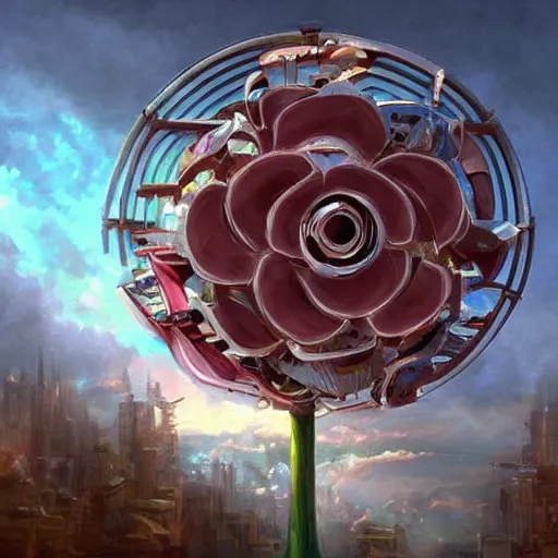 Image similar to giant mechanical rose, fantasy art