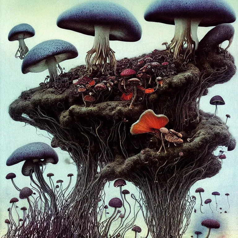 Image similar to Kombucha, tea mushroom, tea fungus, Manchurian mushroom fly in cosmos. Extremely high details, realistic, fantasy art, solo, masterpiece. Art by Zdzisław Beksiński, Arthur Rackham, Dariusz Zawadzki