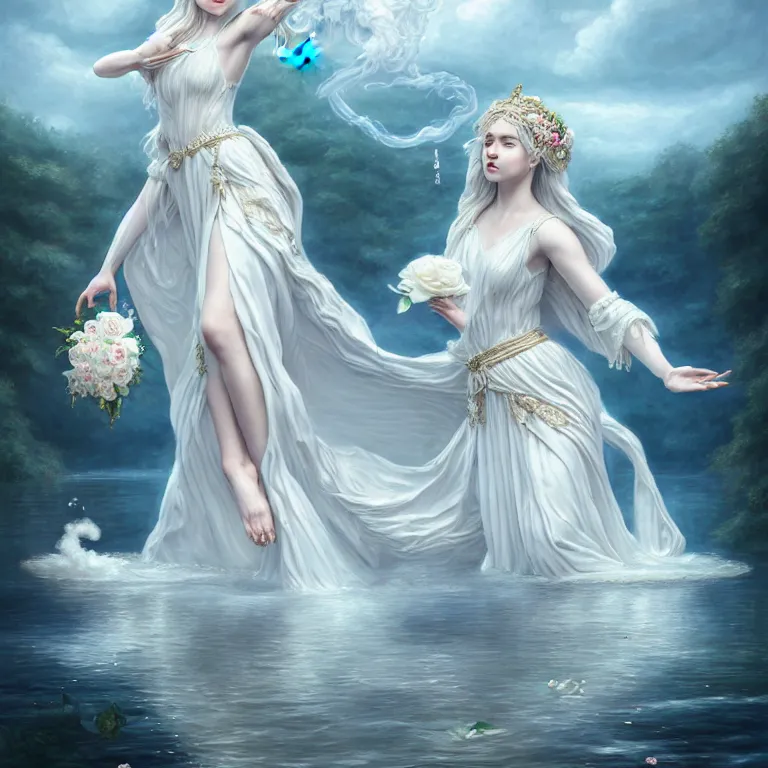Image similar to meredit frampton style : the goddess of the lake with a large magnificent vaporous wrapped hight decorated, detailed, white roses organze cotton dress, highly detailed, d & d, water everwhere fantasy, highly detailed, digital painting, trending on artstation, concept art, sharp focus, global illumination, ray tracing, illustration, art by artgerm, fine art