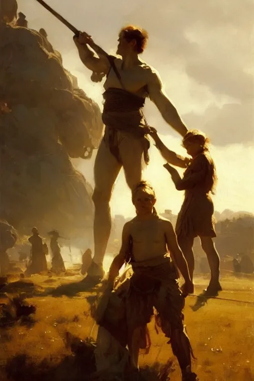 Image similar to portrait david and goliath by anders zorn, wonderful masterpiece by greg rutkowski, beautiful cinematic light, american romanticism by greg manchess, jessica rossier