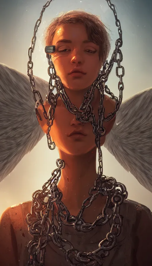 Image similar to a sad portrait of an angel blocked by chains in a abandoned futuristic city covered by vegeration, sunset, bright light, hyperdetailed, artstation, cgsociety, 8 k