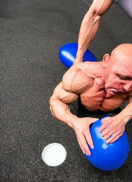 Image similar to deflating muscles, bodybuilder sprang a leak, air hole hissing, leaking air, deflate like a balloon, poked a hole in the muscles