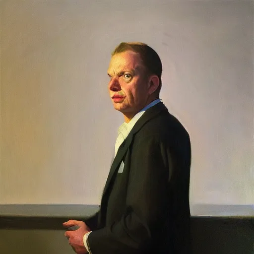 Image similar to high quality oil painting portrait of Richard Durbin by Edward Hopper, dark background, high fantasy, perfect lighting