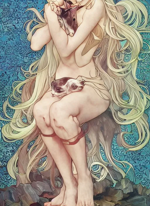 Image similar to the cutest lil puppy you ever did see takeshi obata, art by artgerm and and alphonse mucha, art by loish, wlop