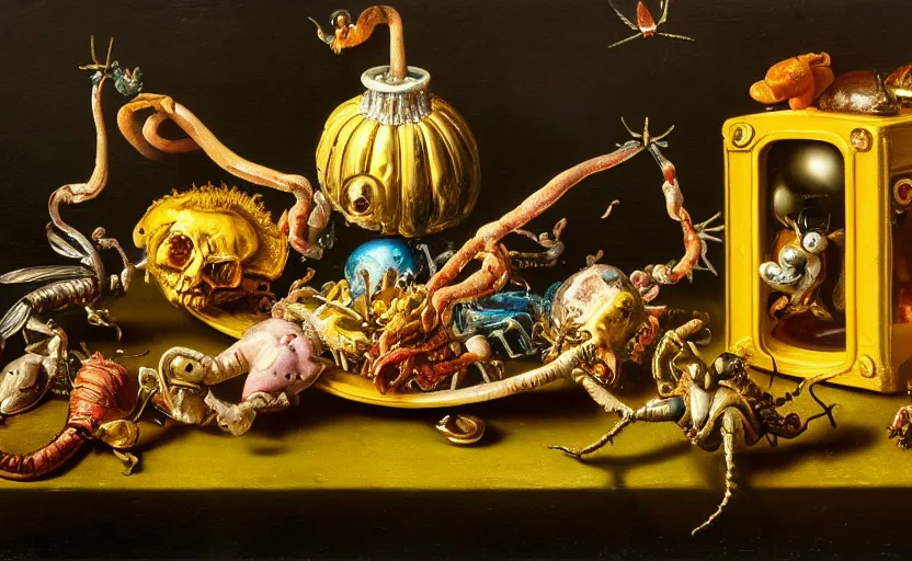 Image similar to disturbing colorful oil painting dutch golden age vanitas still life with bizarre objects strange gooey surfaces shiny metal bizarre insects rachel ruysch dali todd schorr very detailed perfect composition rule of thirds masterpiece canon 5 0 mm, cinematic lighting, photography, retro, film, kodachrome