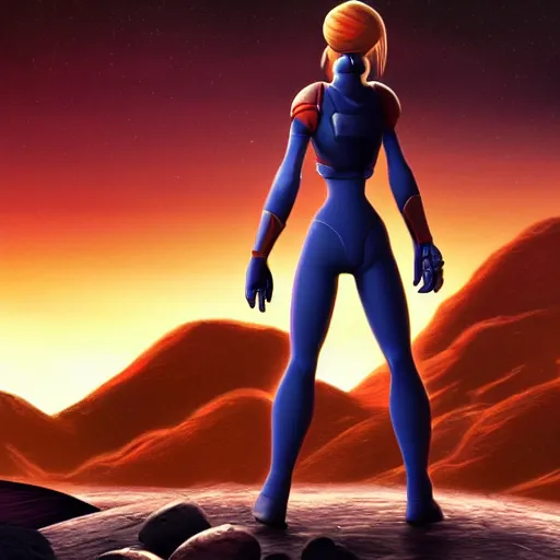 Prompt: Samus Aran standing on a desolate planet, Pixar movie still, official media, 4k HD, by Bill Pressing