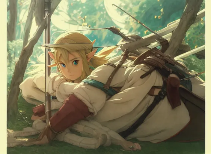 Image similar to cinematic full anime portrait of link from zelda resting with his bow at his tent. intricate, elegant, highly detailed, digital art, artstation, concept art, smooth, sharp focus, illustration, by stanley artgerm, greg rutkowski, studio ghibli, alphonse mucha, norman rockwell 8 k
