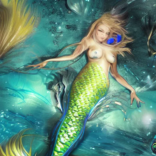 Image similar to highly detailed portrait of a metallic futuristic mermaid under the sea by Akihiko Yoshida, Greg Tocchini, 4k resolution, hearthstone inspired, sea green, yellow, blue, white, coral and black color scheme with graffiti