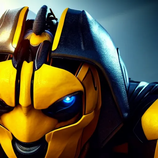 Image similar to still photo of bumblebee with fire eyes, highly detailed, photorealistic portrait, bright studio setting, studio lighting, crisp quality and light reflections, unreal engine 5 quality render