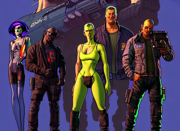 Image similar to cyberpunk infiltration team. portrait by stonehouse and mœbius and will eisner and gil elvgren and pixar. character design. realistic proportions. cyberpunk 2 0 7 7 character art, blade runner 2 0 4 9 concept art. cel shading. attractive face. thick lines. the team. diverse characters. artstationhq.