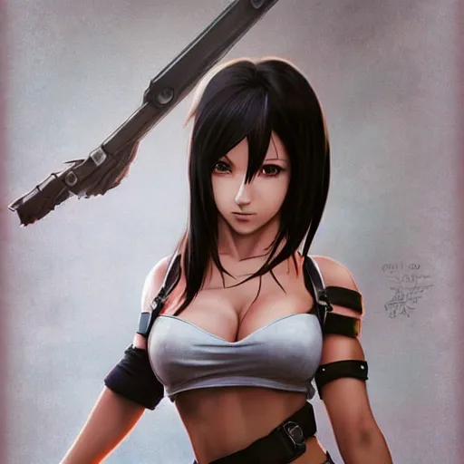 Image similar to tifa lockhart wearing yuffie kisaragi's outfit!!!, cg art, realistic, character select portrait, by artgerm, greg rutkowski, alphonse mucha, 3 d