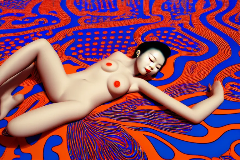 Prompt: hyperrealistic detailed image of a geisha laying in a art installation room, minimal psychedelic background by yayoi kusama, part by kei mieno, part by alex gray, part by ross tran, part by james jean, ultra realistic, highly detailed, life like face, detailed body, 8 k, octane render, trending on artstation, very cohesive, masterpiece