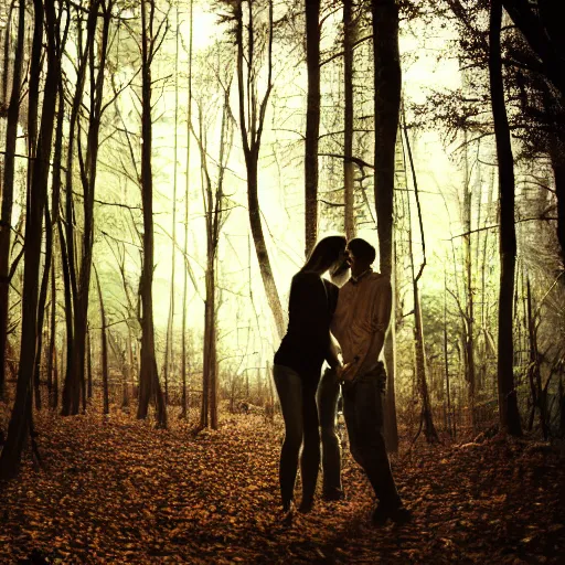 Prompt: couple making love in dark forest, realistic, dramatic lighting