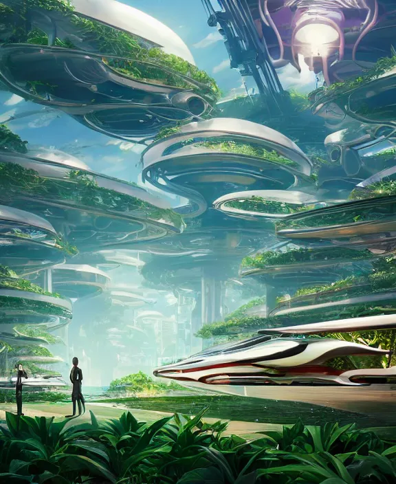 Image similar to simplicity, an amusement park made out of sleek asymmetrical organic creatures, in the style of an aerodynamic spaceship, overgrown with orchids, partly cloudy, sun - drenched, dramatic lighting, by dan mumford, yusuke murata, makoto shinkai, ross tran, cinematic, unreal engine, cel shaded, featured on artstation, pixiv