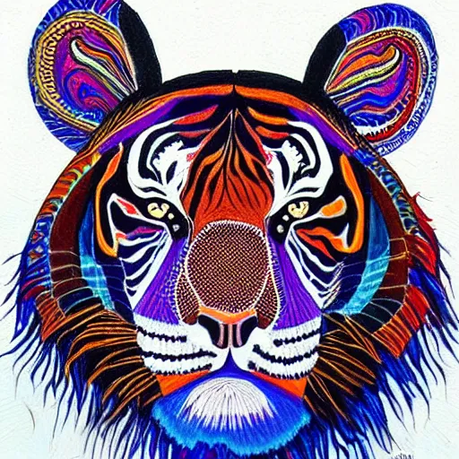 Image similar to an image of a tiger wearing a headdress, a detailed painting by Laurel Burch, pinterest contest winner, psychedelic art, detailed painting, made of beads and yarn, outlined art