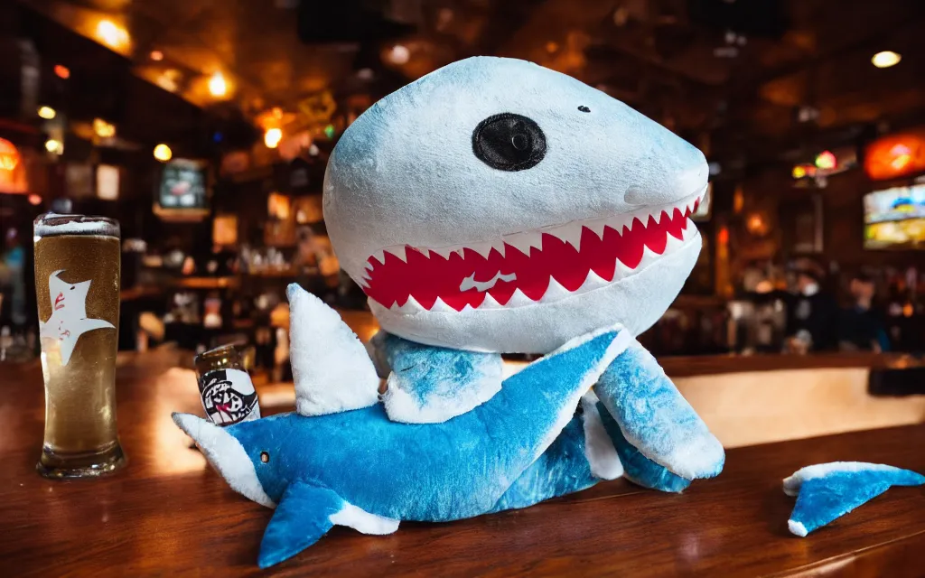 Image similar to Shark plush ordering a beer at a bar, stuffed toy, fish, dim lighting, 50mm, depth of field, beer