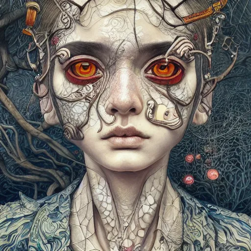 Image similar to beautiful portrait painted in jacek yerka aykut aydogdu and leslie zhang style drawn by vania zouravliov and takato yamamoto, inspired by cyberpunk, intricate acrylic gouache painting, high detail, sharp high detail, artstation, manga and anime