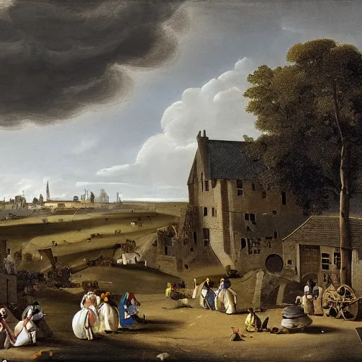 Image similar to dark solar eclipse, above a village, highly detailed, studio 4 k quality, by pieter claesz