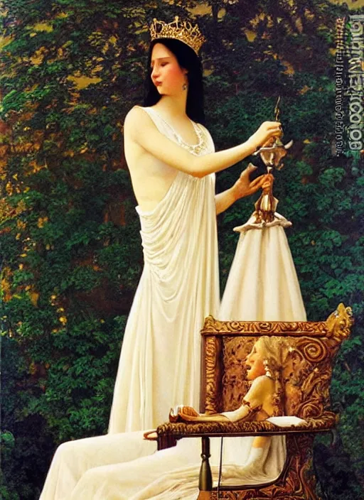 Image similar to an oil painting a queen with dark hair and white fair skin standing on a throne by maxfield parrish, highly detailed, realistic, realism, oil painting, 1 9 th