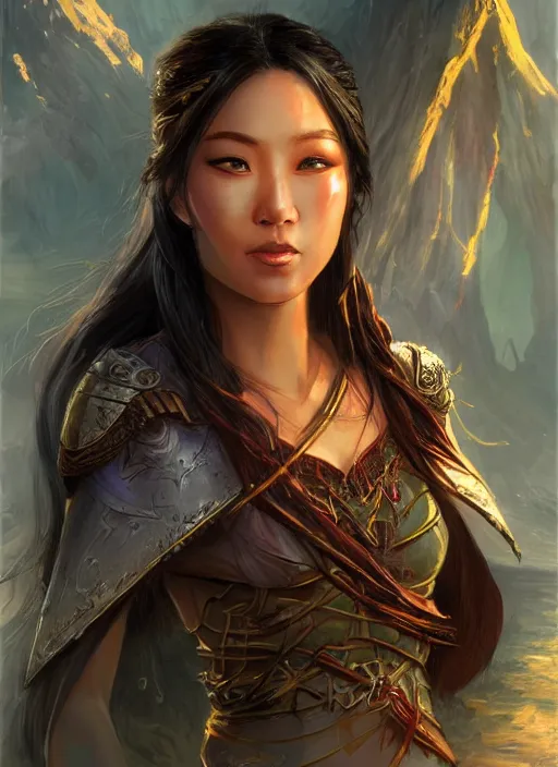 Image similar to asian human female, ultra detailed fantasy, dndbeyond, bright, colourful, realistic, dnd character portrait, full body, pathfinder, pinterest, art by ralph horsley, dnd, rpg, lotr game design fanart by concept art, behance hd, artstation, deviantart, hdr render in unreal engine 5