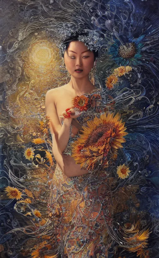 Image similar to a china cat sunflower walking proudly jingling in the midnight sun with a bodhi that drips a silver kimono Like a crazy quilt star gown through a dream night wind, intricate and complexly detailed oil painting, by Karol Bak and Tony Diterlizzi, influenced by Artgerm, golden hour scene, multi-dimensional, 8k, octane rendering,