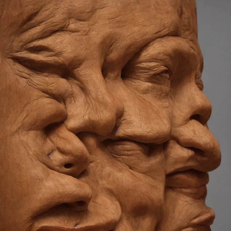 Image similar to realistic monumental sculpture portrait of a powerful stern woman's face carved out of a red oak wood on a pedestal by stephan balkenhol and duane hanson and donald judd, hyperrealistic dramatic colored lighting trending on artstation 8 k