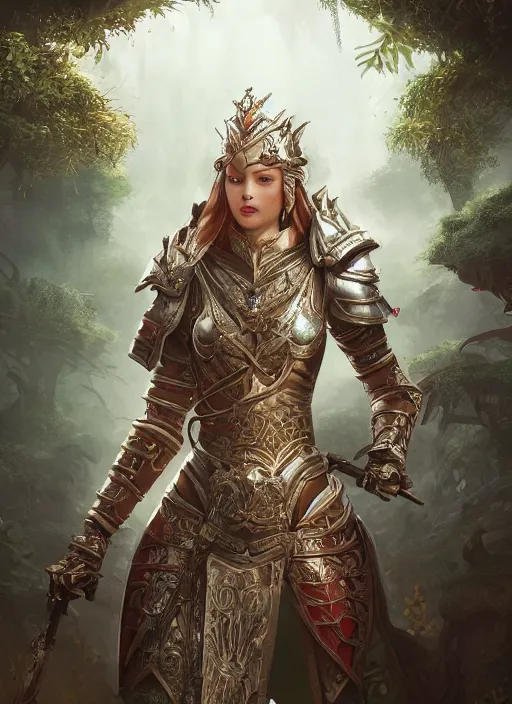 Image similar to Beautiful art portrait of a female fantasy queen in plate armour in a bright temple surrounded by lush forest, atmospheric lighting, intricate detail, cgsociety, hyperrealistic, octane render, RPG portrait, ambient light, dynamic lighting