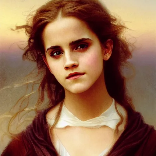 Image similar to Painting of Emma Watson as Hermione Granger. Extreme close up. Art by william adolphe bouguereau. During golden hour. Extremely detailed. Beautiful. 4K. Award winning.