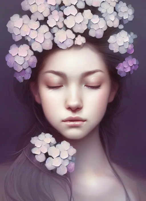 Image similar to a photographic portrait of a seductive sleeping anthropomorphic hydrangea blossom with a perfect face, fantasy, wind blowing hair, intricate, elegant, very very highly detailed, digital painting, artstation, concept art, smooth, super sharp focus, illustration, art by artgerm and greg rutkowski and fuji choko and viktoria gavrilenko and hoang lap