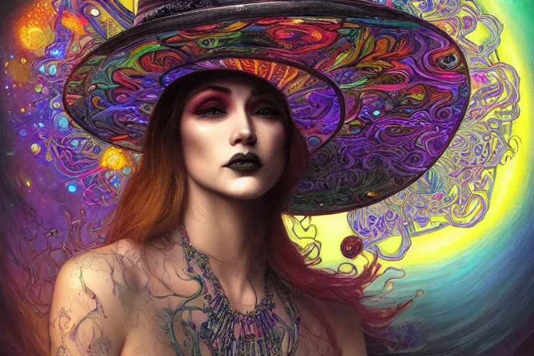 Image similar to An extremely psychedelic celestial undertaker in his black fedora hat, colorful, surreal, dramatic lighting, magic mushrooms, psilocybin, LSD, face, detailed, intricate, elegant, highly detailed, digital painting, artstation, concept art, smooth, sharp focus, illustration, art by Krenz Cushart and Artem Demura and alphonse mucha