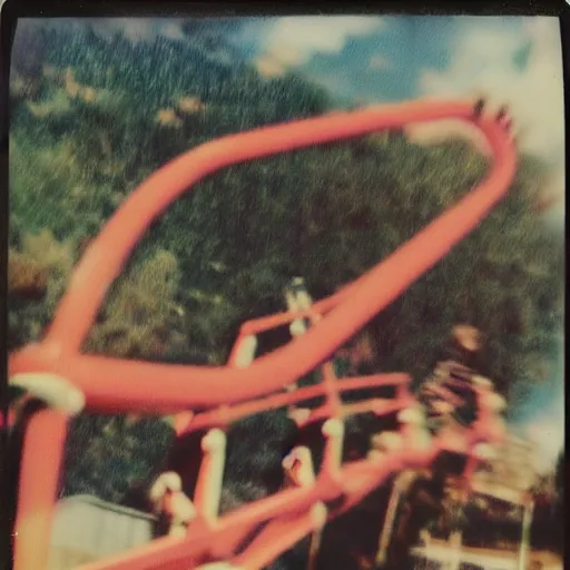 Image similar to a polaroid photo of a big shrimp riding a roller coaster