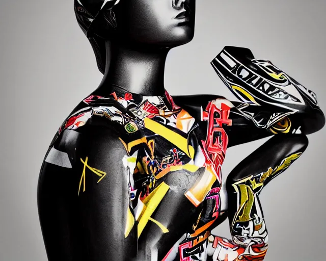 Prompt: extremely beautiful female black marble statue with colorful motocross logos behind her, sharp focus, clear, detailed,, cinematic, detailed, off white, glamourous, symmetrical, vogue, editorial, fashion, magazine shoot, glossy