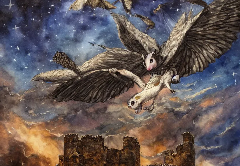 Image similar to the legendary glorious winged possum is flying over a medieval castle under the dark starred sky, dark fantasy, watercolor, dreaming illusion, highly detailed, 4k, trending on Artstation, award-winning