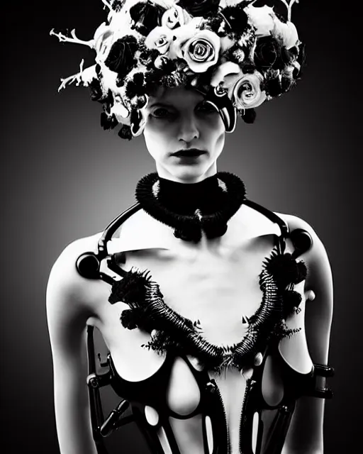 Prompt: dreamy surreal poetic black and white photo of a beautiful young bio-mechanical-female-cyborg-plant-plastic-robot with a very long neck and a super big gothic lace collar and a very high big floral crown with many black dry roses by Vivienne Westwood:: smoke, high fashion, haute couture, rococo, avant-garde, elegant, dreamy, hyper realistic, 150 mm lens, soft rim light, octane render, unreal engine, picture was taken in 1910 by Dora Maar, volumetric lighting, dramatic light,8k,
