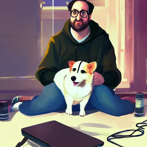 Prompt: Eric Wareheim as a hacker with a corgi, digital painting, 4k, anime key visual, artstation, kuvshinov ilya