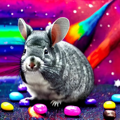 Prompt: chinchilla with mean look in space with galaxy in background pooping rainbox jellybeans, rainbow jellybeans under chinchilla's tail